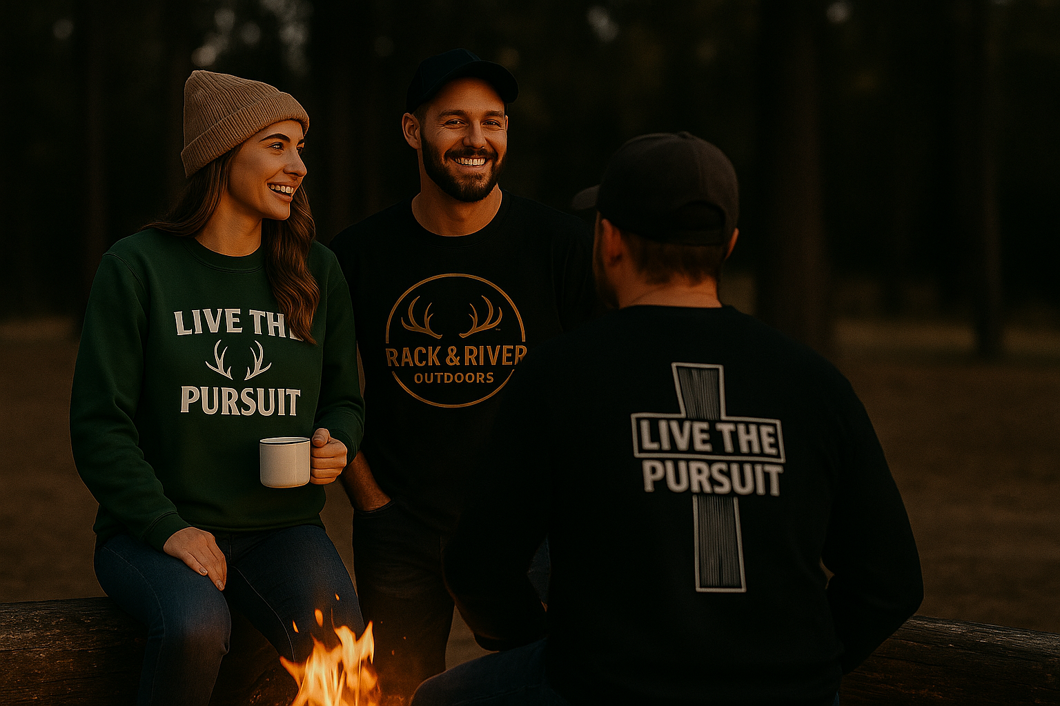 Three people sitting around a campfire in the woods wearing Rack & River Outdoors apparel, including ‘Live the Pursuit’ and antler logo designs.