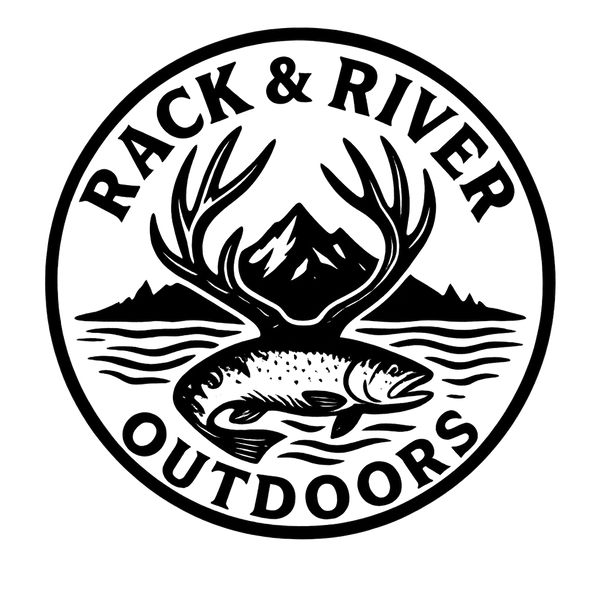 Rack & River Outdoors logo with deer antlers, mountain and fish symbol — Christian outdoor lifestyle apparel brand for hunters and anglers.