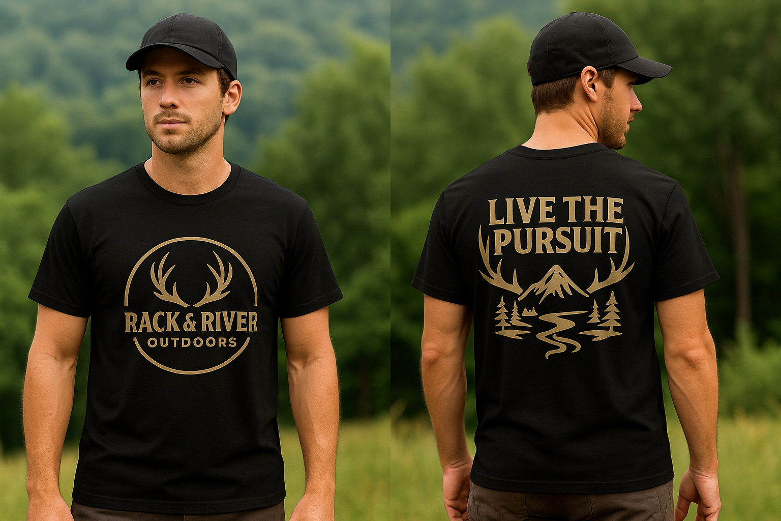 Man wearing the Rack & River Outdoors black t-shirt with antler logo on the front and ‘Live the Pursuit’ mountain graphic on the back, standing in a forested area.