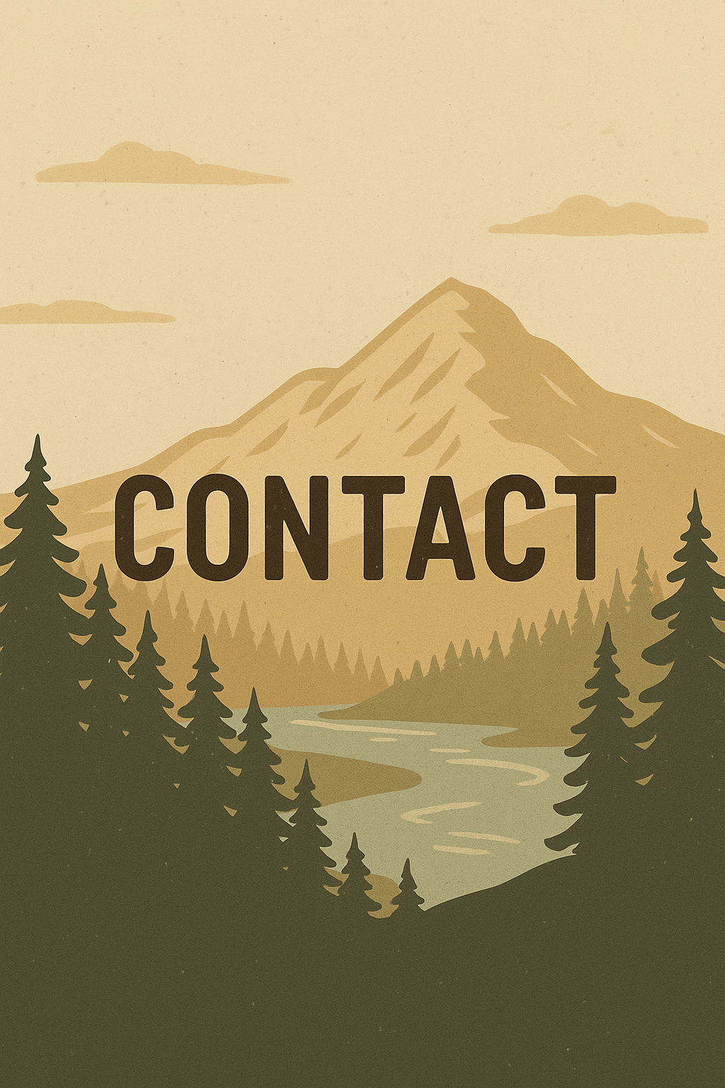 Outdoor-inspired mountain and river illustration with pine trees and ‘Contact’ text for Rack & River Outdoors.