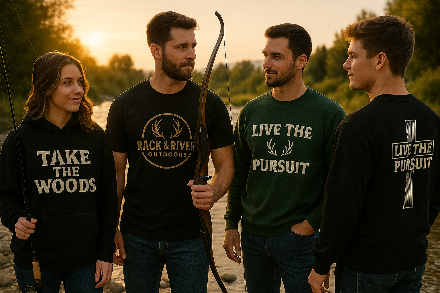 Group of four outdoors wearing Rack & River Outdoors apparel, including ‘Take the Woods’ hoodie and ‘Live the Pursuit’ designs, standing by a river at sunset.