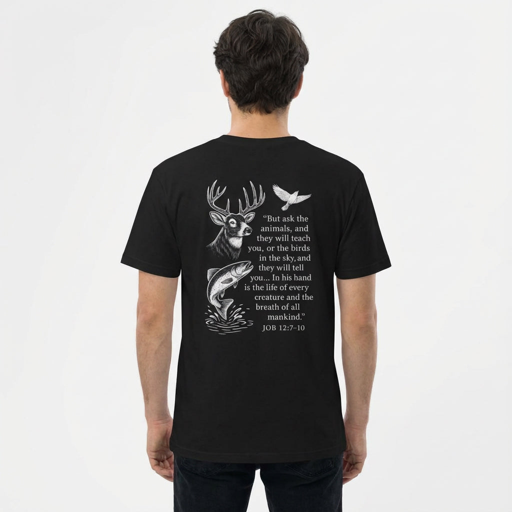 Model wearing black Rack & River Outdoors ‘Ask the Animals’ Job 12:7-10 wildlife t-shirt.