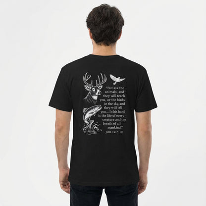 Model wearing black Rack & River Outdoors ‘Ask the Animals’ Job 12:7-10 wildlife t-shirt.