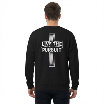 Person wearing black ‘Live The Pursuit’ cross crewneck from Rack & River Outdoors, back view.