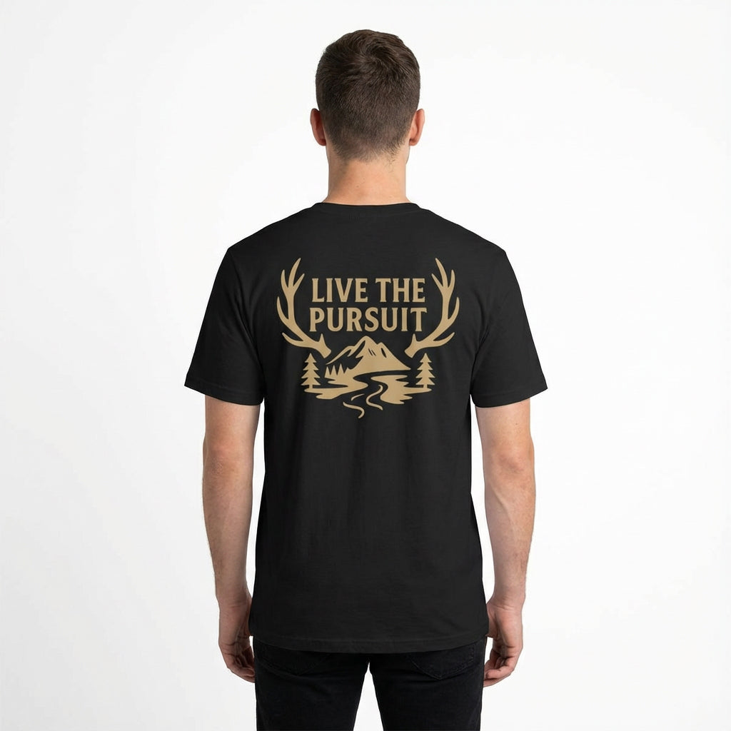 Live The Pursuit outdoor lifestyle t-shirt with antler back graphic worn by male model.