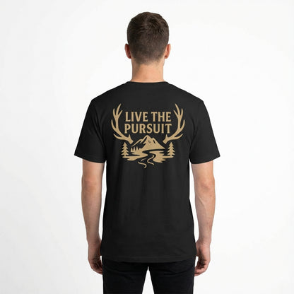 Live The Pursuit outdoor lifestyle t-shirt with antler back graphic worn by male model.