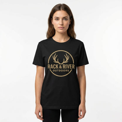 Rack & River Outdoors graphic t-shirt with antler logo worn by female model.