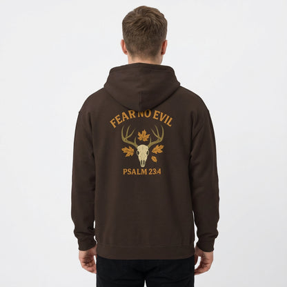 Christian outdoorsman wearing Fear No Evil antler hoodie with Psalm 23:4 scripture