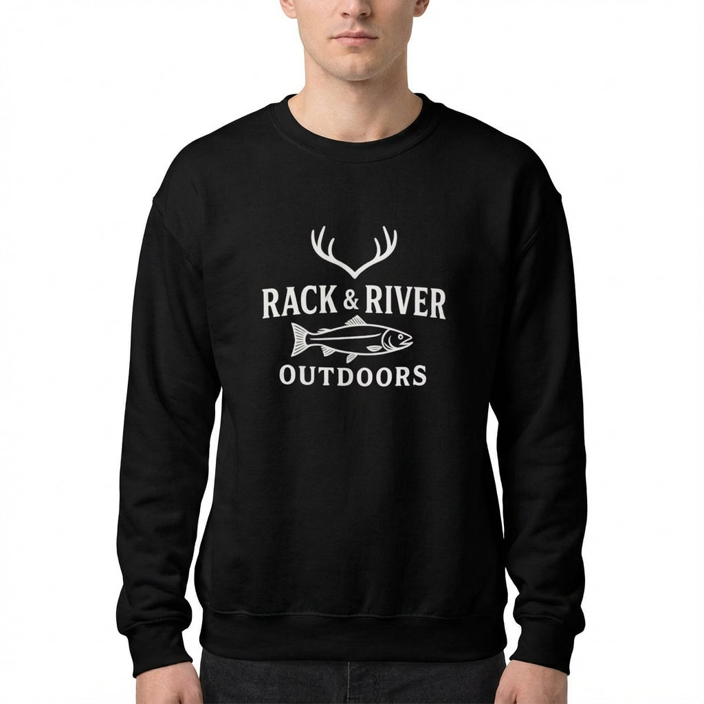 Model wearing black unisex crewneck with Rack & River Outdoors chest logo.