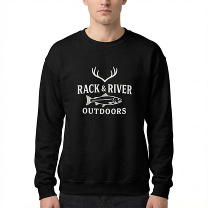 Model wearing black unisex crewneck with Rack & River Outdoors chest logo.