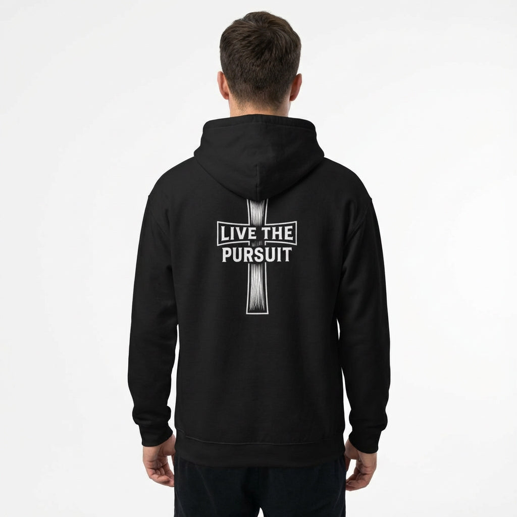 Live The Pursuit Christian hoodie with cross back graphic worn by male model.