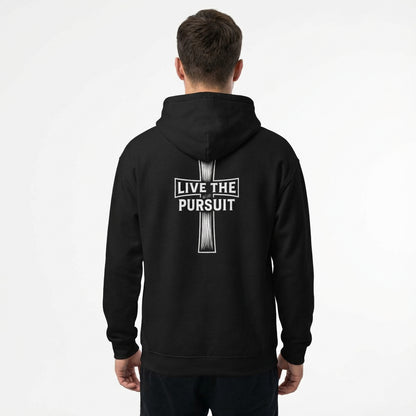 Live The Pursuit Christian hoodie with cross back graphic worn by male model.